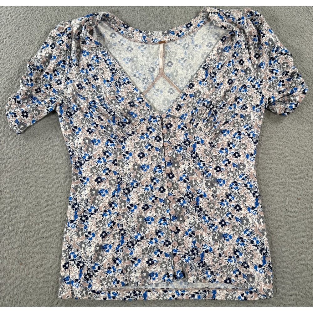 Free People Hollywood Blouse Women's Medium Blue Top Floral V-Neck Button-Front